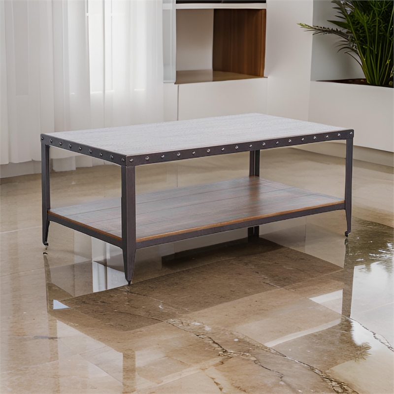 Ayka Coffee Table w Shelf- Nailhead Accent- 48 Inch Rectangular Brown