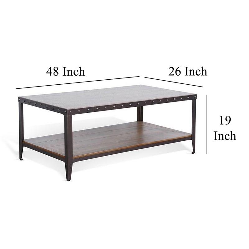 Ayka Coffee Table w Shelf- Nailhead Accent- 48 Inch Rectangular Brown
