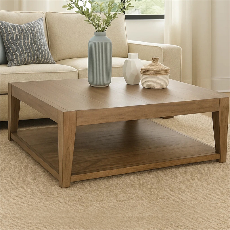 Yael Coffee Table with Caster Wheels- 48 Inch Light Brown Mahogany