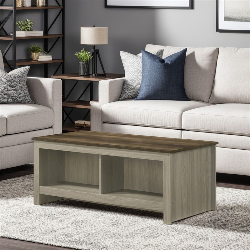 Nena Coffee Table with Open Shelves- Brown Wood Top- Oak Gray 43 Inch
