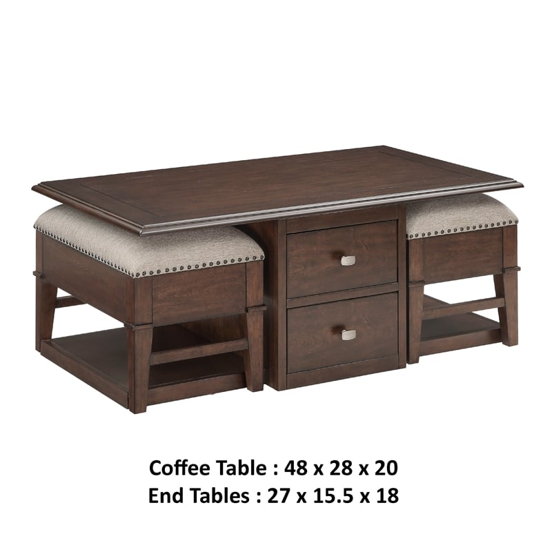 Merry Coffee Table with 2 Nesting Ottomans- Brown Wood- Beige