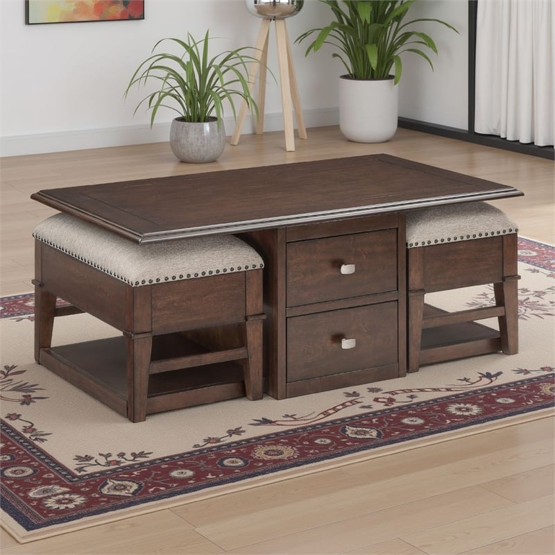 Merry Coffee Table with 2 Nesting Ottomans- Brown Wood- Beige