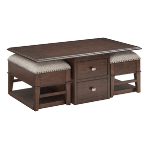 Merry Coffee Table with 2 Nesting Ottomans- Brown Wood- Beige