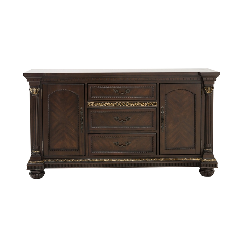 Hilton 66 Inch Buffet Console- 3 Drawers- 2 Cabinets- Cherry Brown and Gold