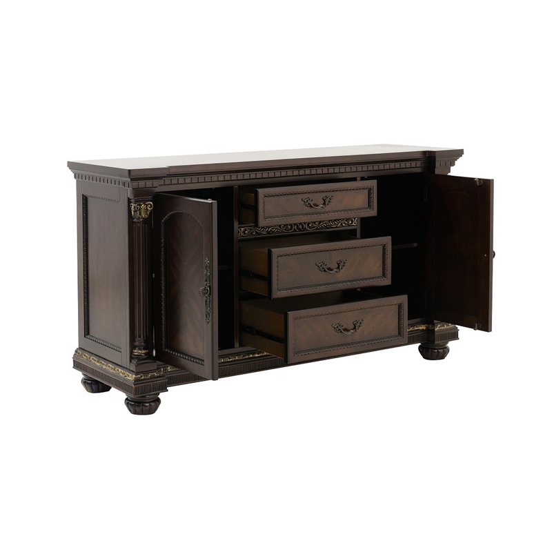 Hilton 66 Inch Buffet Console- 3 Drawers- 2 Cabinets- Cherry Brown and Gold