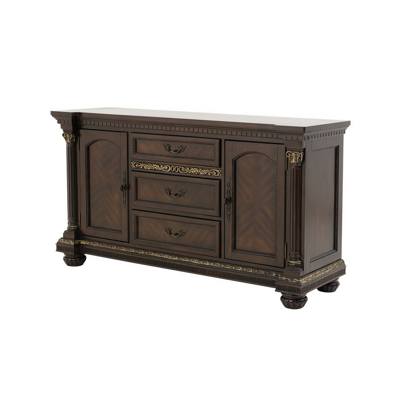 Hilton 66 Inch Buffet Console- 3 Drawers- 2 Cabinets- Cherry Brown and Gold