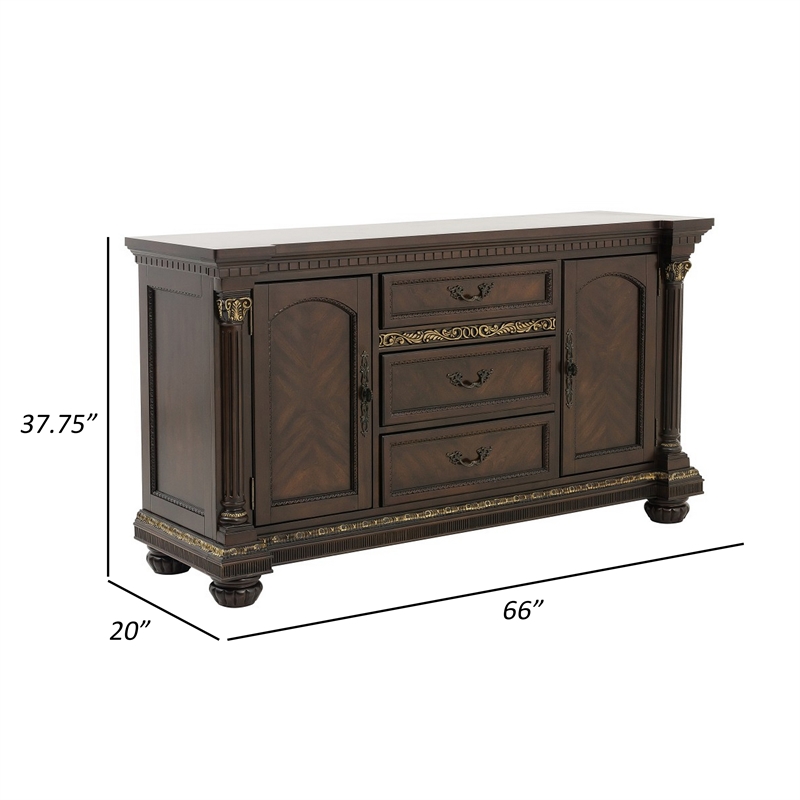 Hilton 66 Inch Buffet Console- 3 Drawers- 2 Cabinets- Cherry Brown and Gold