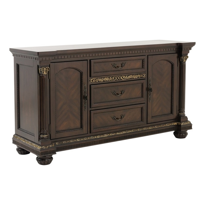 Hilton 66 Inch Buffet Console- 3 Drawers- 2 Cabinets- Cherry Brown and Gold