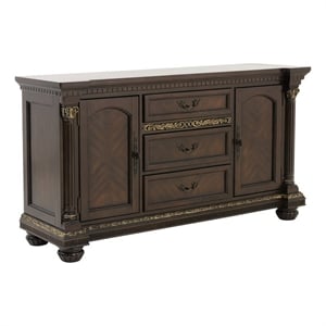 Hilton 66 Inch Buffet Console- 3 Drawers- 2 Cabinets- Cherry Brown and Gold