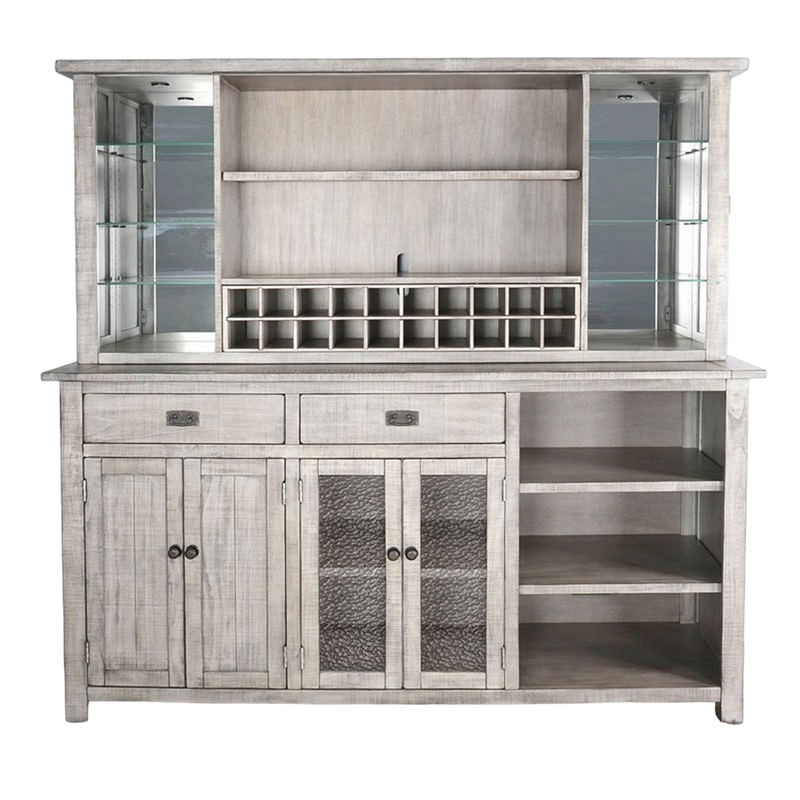 Zeka Buffet Console- Hutch- Home Bar w Glass Shelves- Wine Rack- Gray