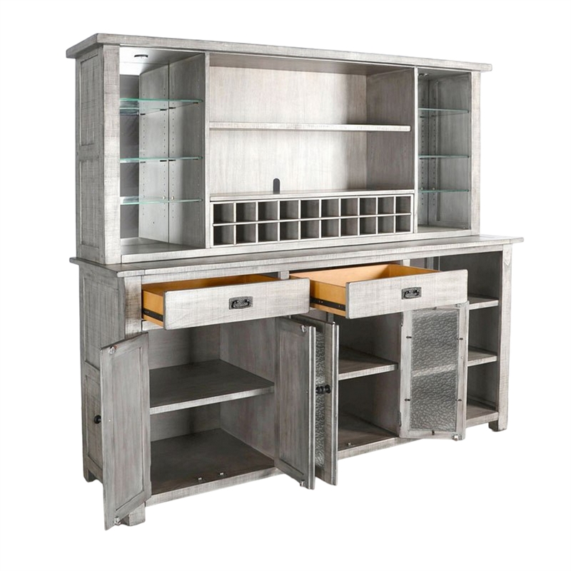 Zeka Buffet Console- Hutch- Home Bar w Glass Shelves- Wine Rack- Gray