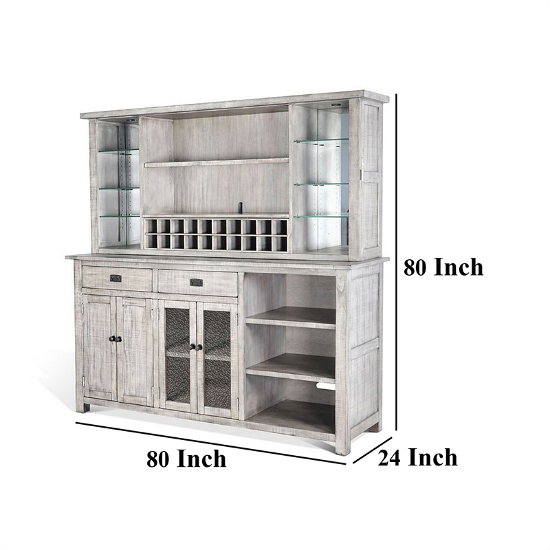 Zeka Buffet Console- Hutch- Home Bar w Glass Shelves- Wine Rack- Gray
