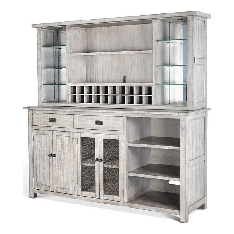 Zeka Buffet Console- Hutch- Home Bar w Glass Shelves- Wine Rack- Gray