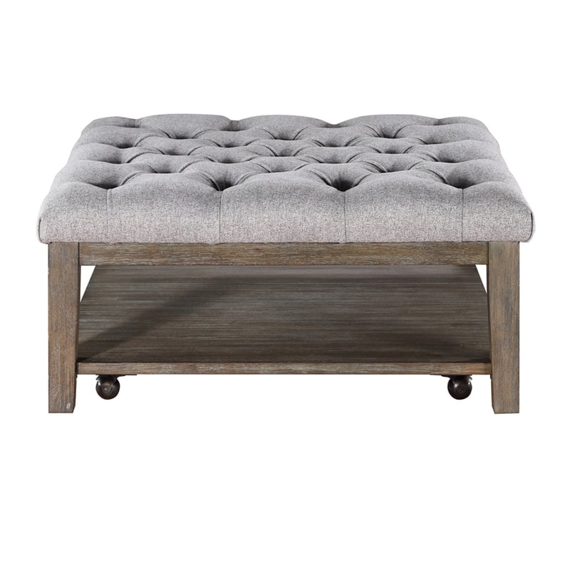 Bori Coffee Table Ottoman- 39 Inch Button Tufted Gray- Brown Wood
