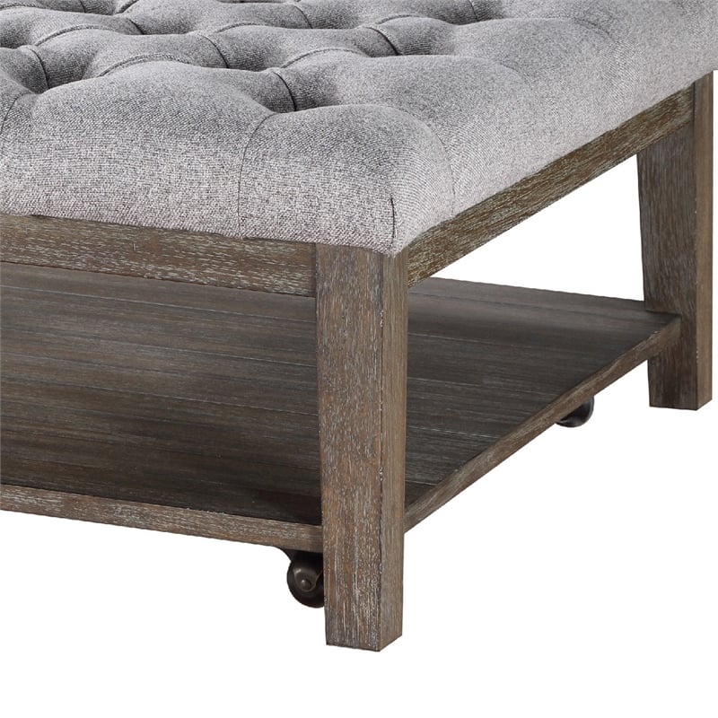 Bori Coffee Table Ottoman- 39 Inch Button Tufted Gray- Brown Wood