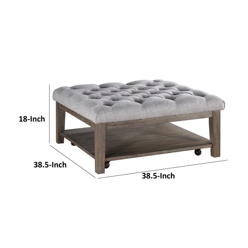 Bori Coffee Table Ottoman- 39 Inch Button Tufted Gray- Brown Wood