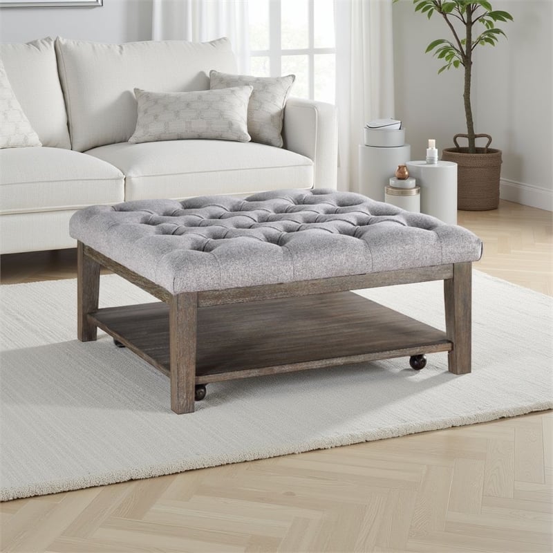 Bori Coffee Table Ottoman- 39 Inch Button Tufted Gray- Brown Wood