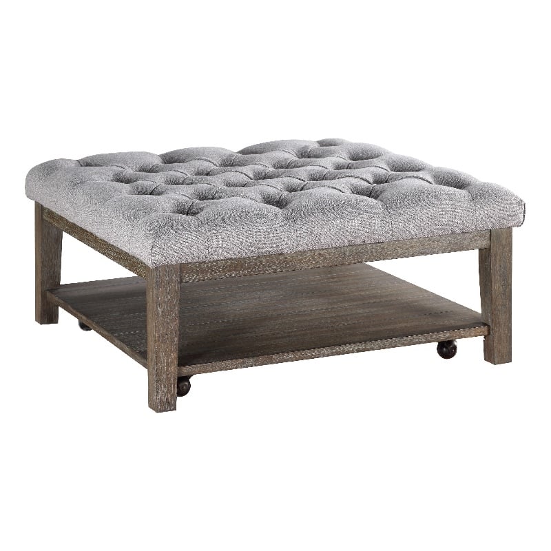 Bori Coffee Table Ottoman- 39 Inch Button Tufted Gray- Brown Wood