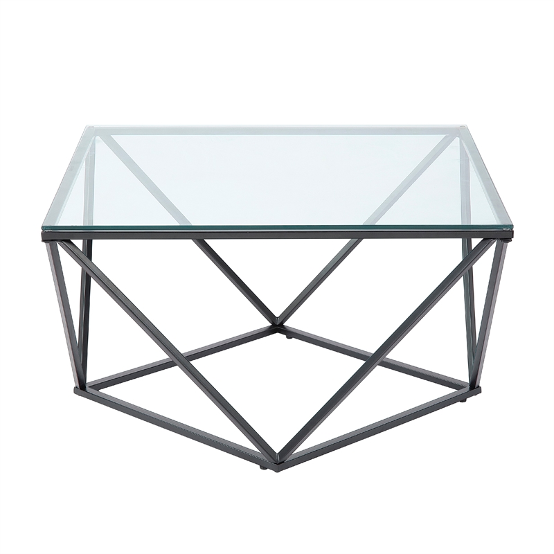 Lucas Cocktail Table- Clear Glass Top- Geometric Frame- Black Metal