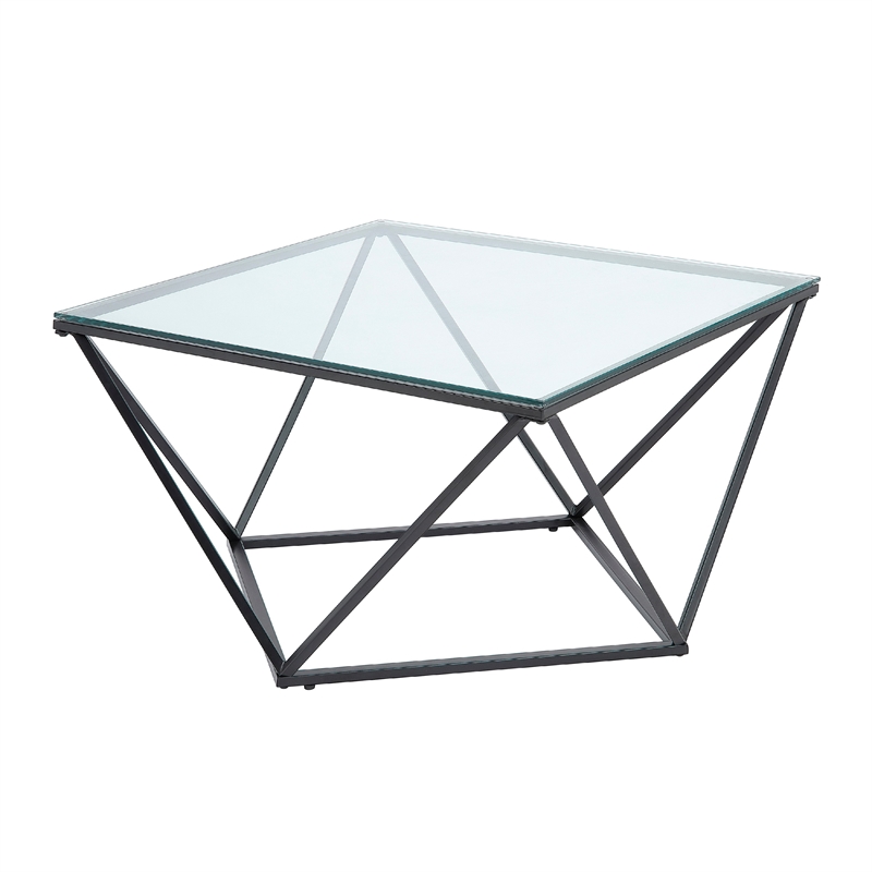 Lucas Cocktail Table- Clear Glass Top- Geometric Frame- Black Metal