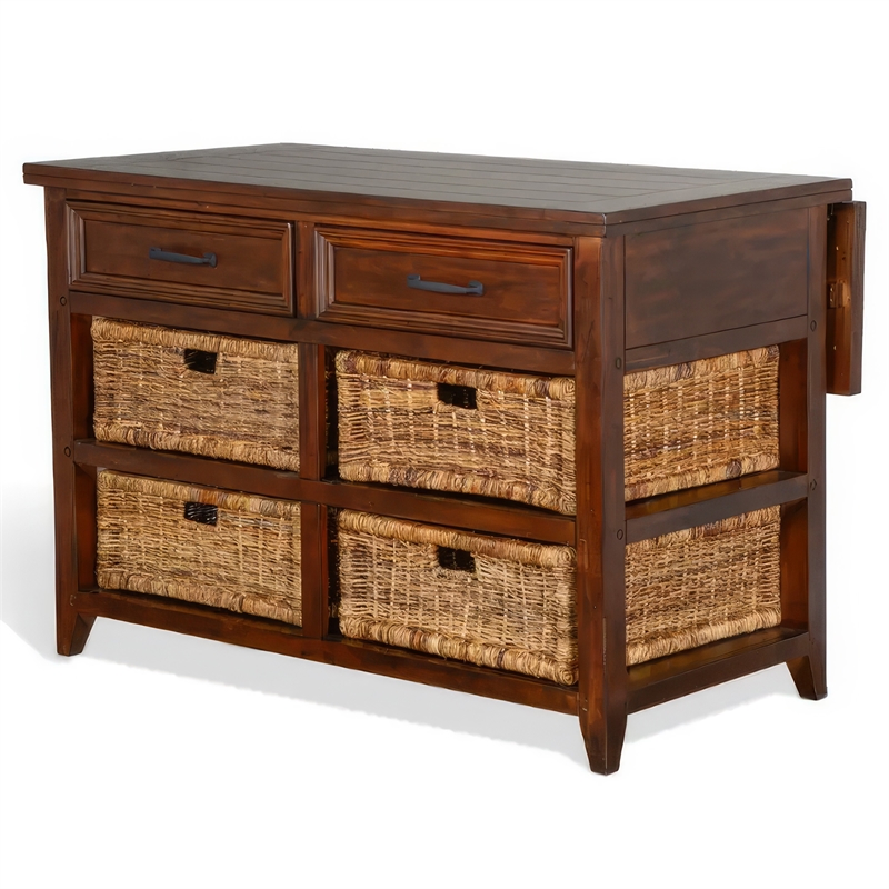 Niza Kitchen Island Table- 27-40in Drop Leaf- 4 Rattan Baskets- Brown