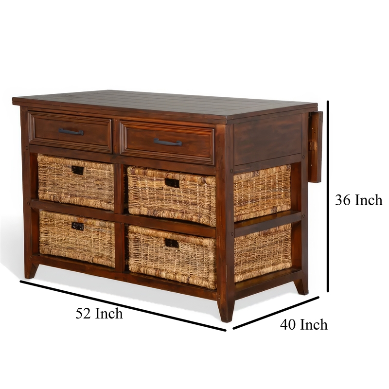 Niza Kitchen Island Table- 27-40in Drop Leaf- 4 Rattan Baskets- Brown