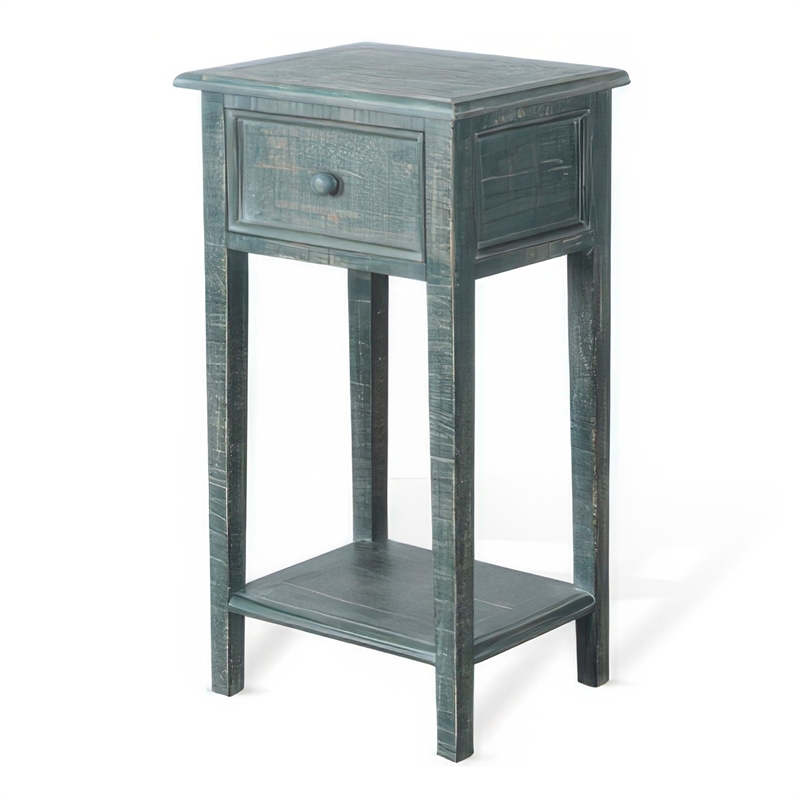 Rena Side End Table with 1 Drawer- 17 Inch Rustic Green Mahogany Wood