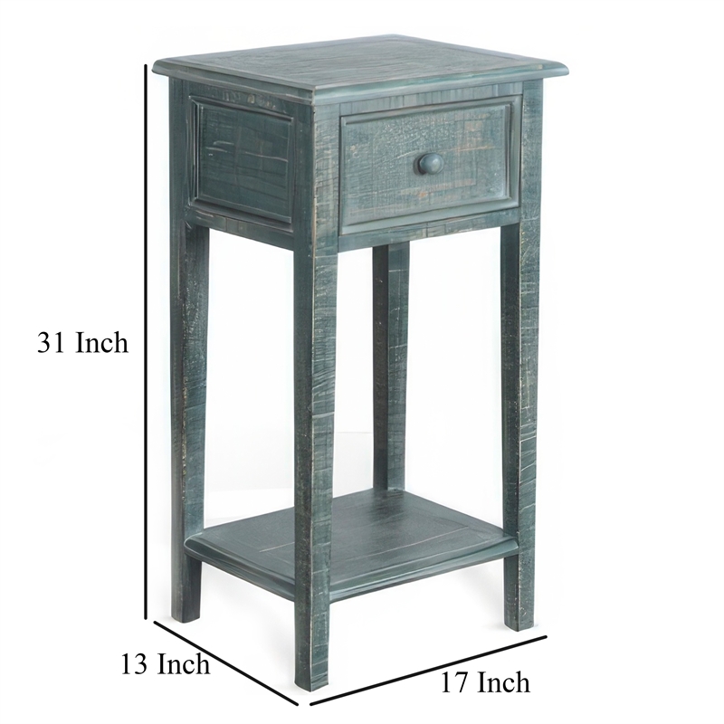 Rena Side End Table with 1 Drawer- 17 Inch Rustic Green Mahogany Wood