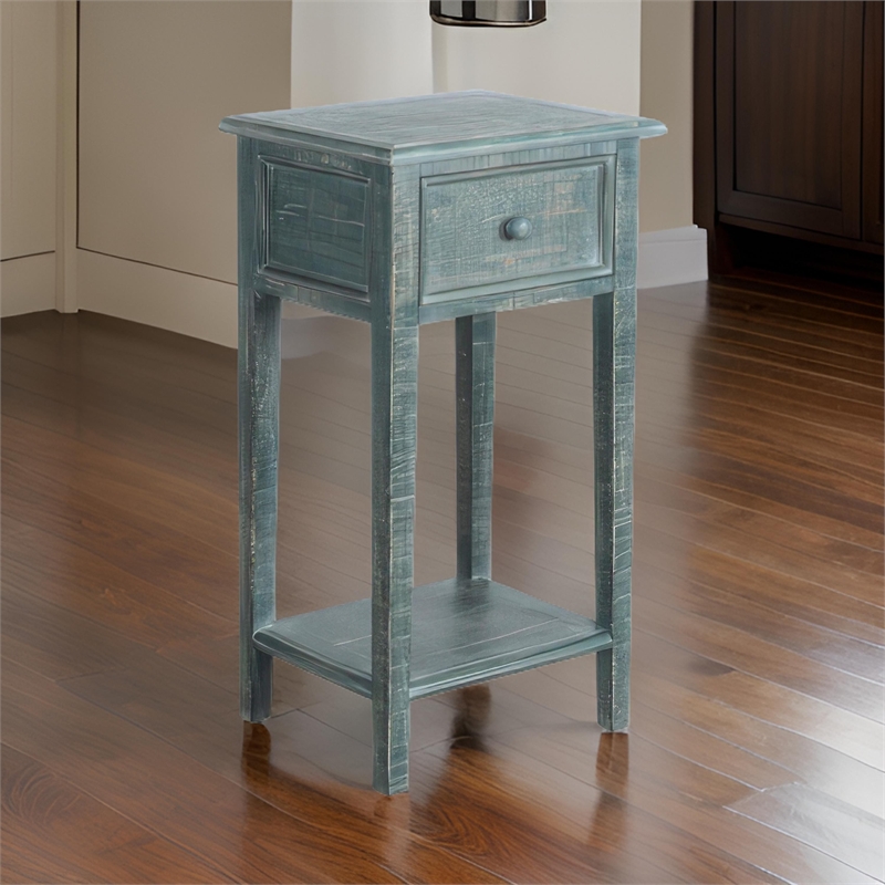 Rena Side End Table with 1 Drawer- 17 Inch Rustic Green Mahogany Wood