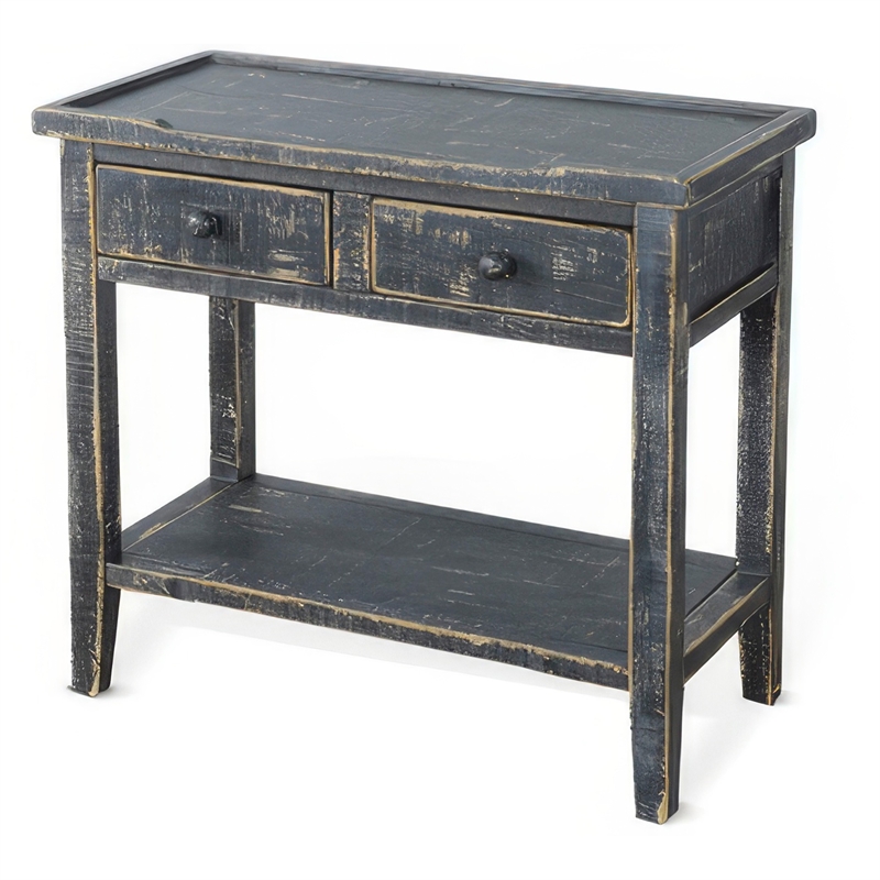 Rena Side End Table- 2 Drawers 1 Shelf- 28 Inch Rustic Black Mahogany