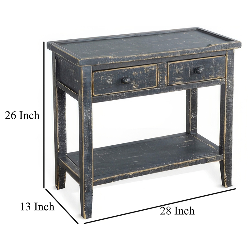 Rena Side End Table- 2 Drawers 1 Shelf- 28 Inch Rustic Black Mahogany