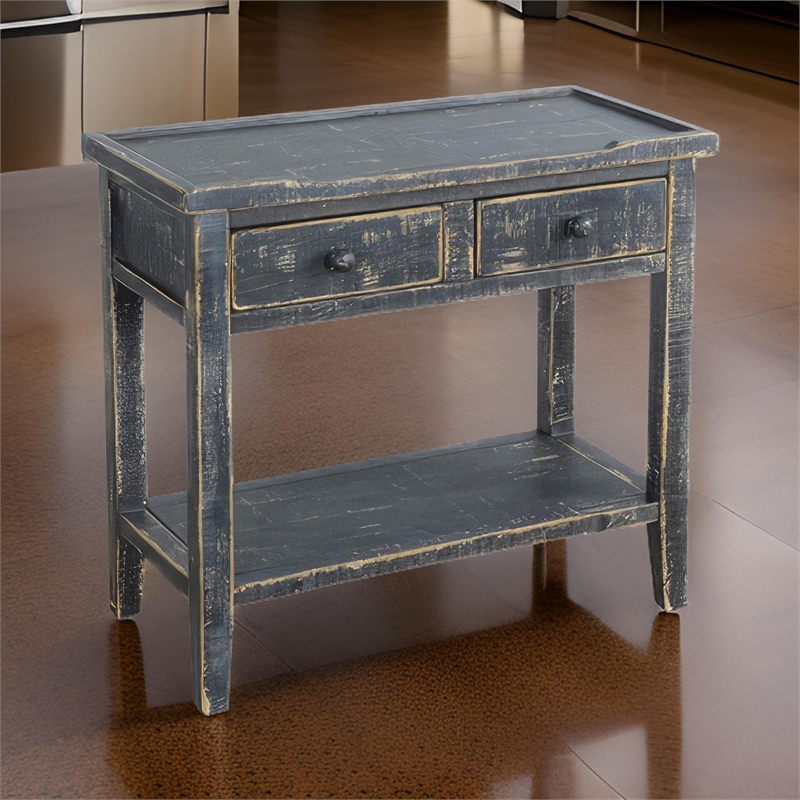 Rena Side End Table- 2 Drawers 1 Shelf- 28 Inch Rustic Black Mahogany