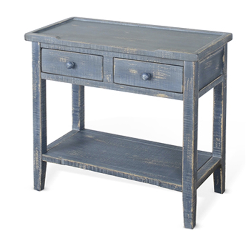Rena Side End Table- 2 Drawers 1 Shelf- 28 Inch Rustic Blue Mahogany