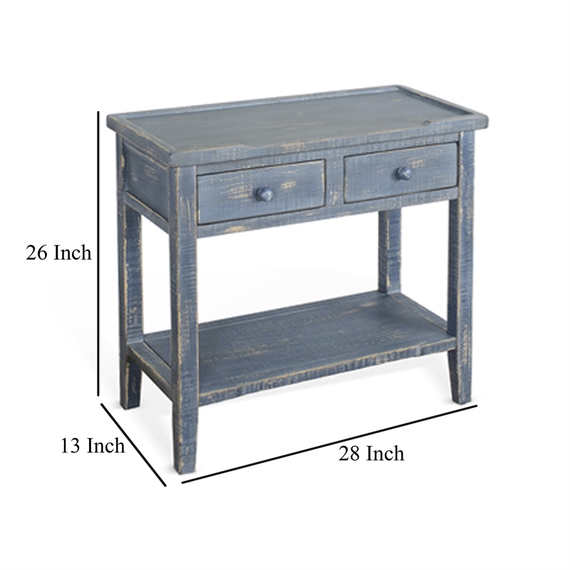 Rena Side End Table- 2 Drawers 1 Shelf- 28 Inch Rustic Blue Mahogany