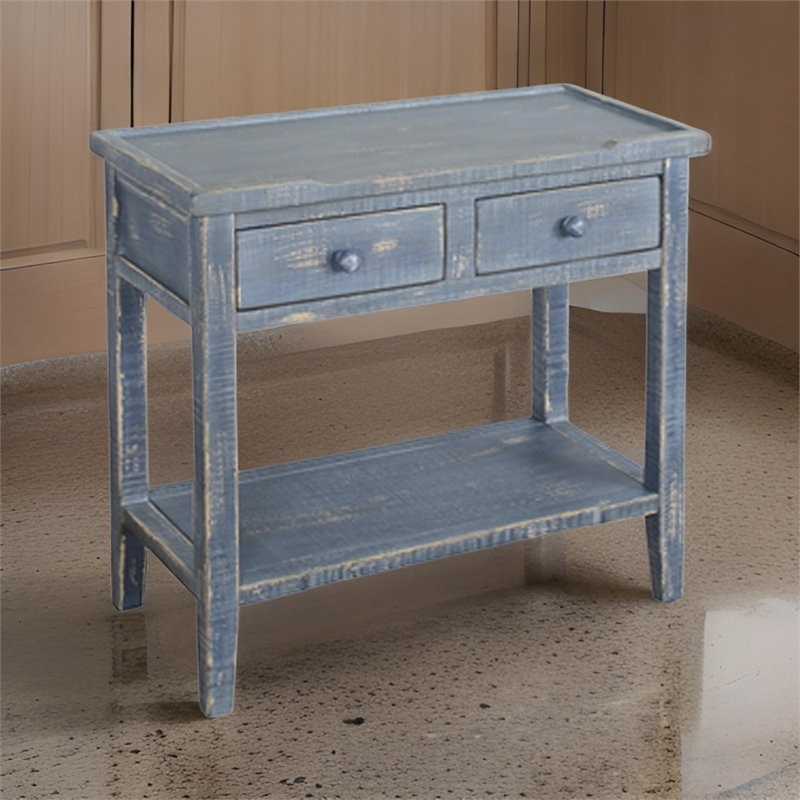 Rena Side End Table- 2 Drawers 1 Shelf- 28 Inch Rustic Blue Mahogany