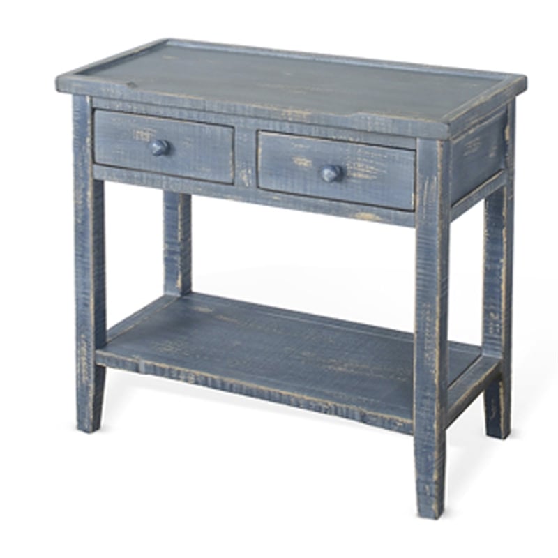 Rena Side End Table- 2 Drawers 1 Shelf- 28 Inch Rustic Blue Mahogany