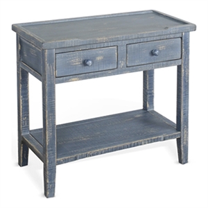 Rena Side End Table- 2 Drawers 1 Shelf- 28 Inch Rustic Blue Mahogany