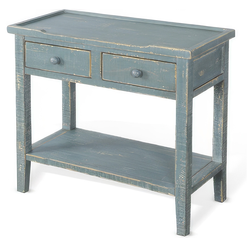 Rena Side End Table- 2 Drawers 1 Shelf- 28 Inch Rustic Green Mahogany