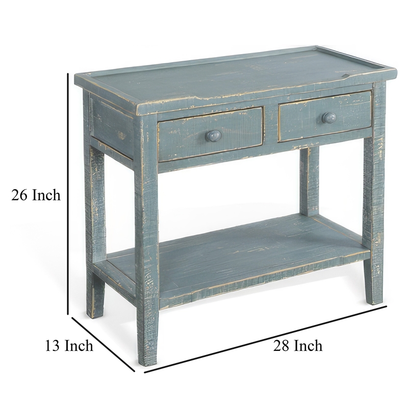 Rena Side End Table- 2 Drawers 1 Shelf- 28 Inch Rustic Green Mahogany