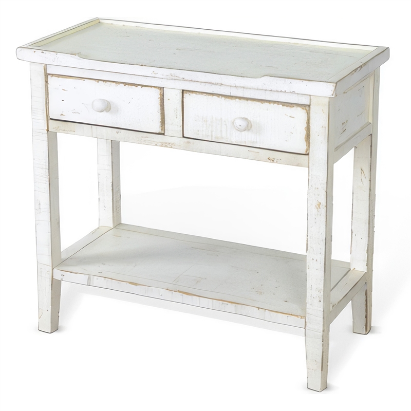 Rena Side End Table- 2 Drawers 1 Shelf- 28 Inch Rustic White Mahogany