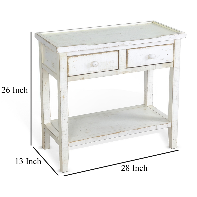 Rena Side End Table- 2 Drawers 1 Shelf- 28 Inch Rustic White Mahogany