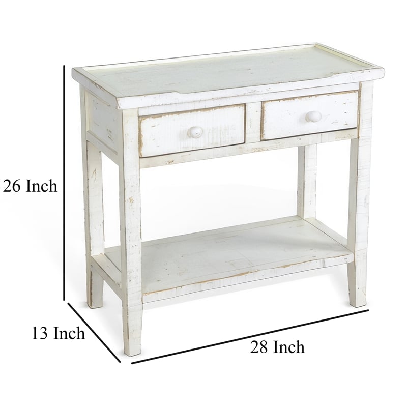 Rena Side End Table- 2 Drawers 1 Shelf- 28 Inch Rustic White Mahogany