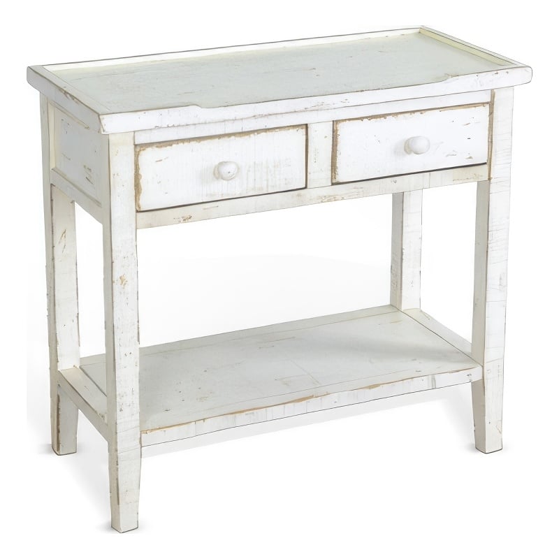Rena Side End Table- 2 Drawers 1 Shelf- 28 Inch Rustic White Mahogany