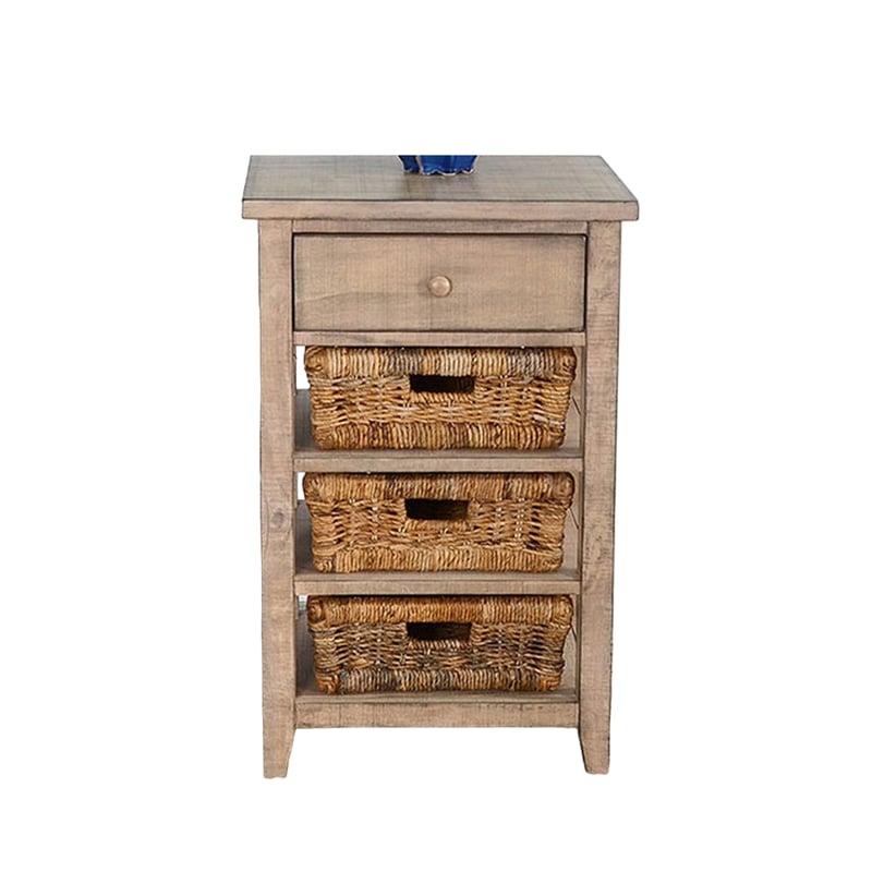 Rena End Table- 3 Natural Rattan Storage Baskets- 20 Inch Brown Wood