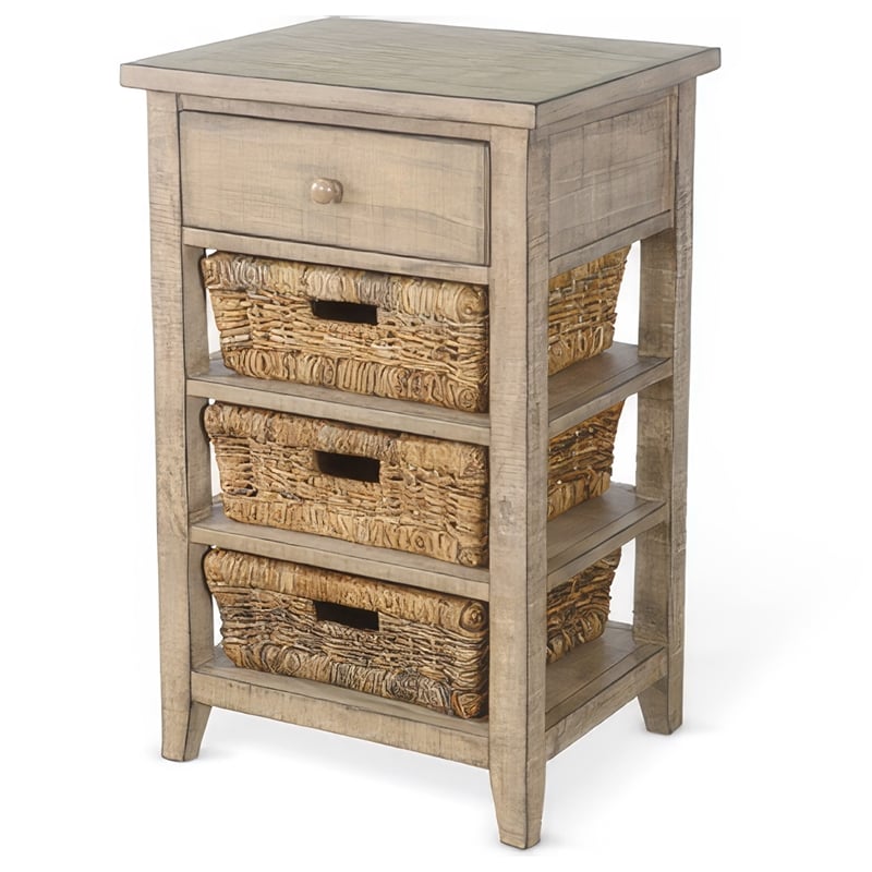 Rena End Table- 3 Natural Rattan Storage Baskets- 20 Inch Brown Wood