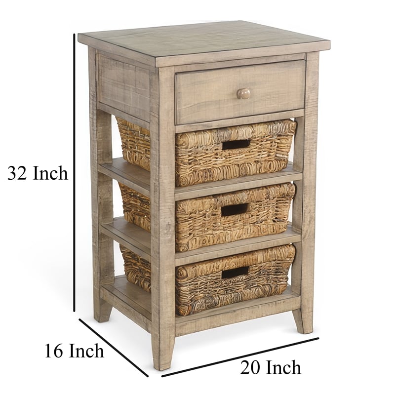 Rena End Table- 3 Natural Rattan Storage Baskets- 20 Inch Brown Wood