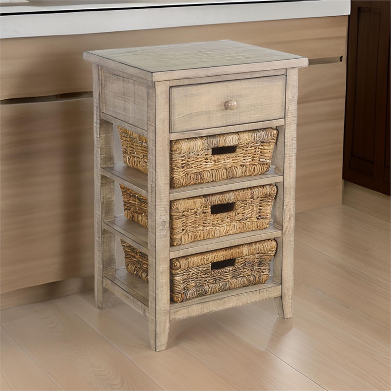 Rena End Table- 3 Natural Rattan Storage Baskets- 20 Inch Brown Wood