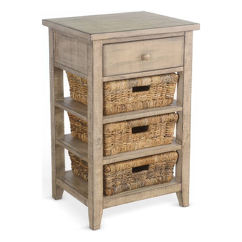 Rena End Table- 3 Natural Rattan Storage Baskets- 20 Inch Brown Wood