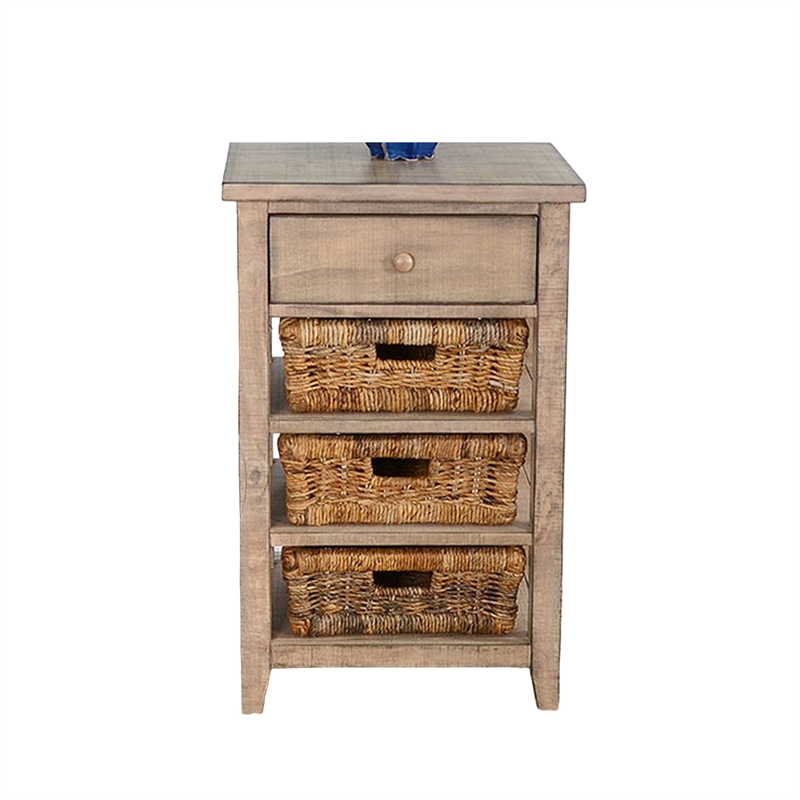 Rena End Table- 3 Natural Rattan Storage Baskets- 20 Inch Brown Wood