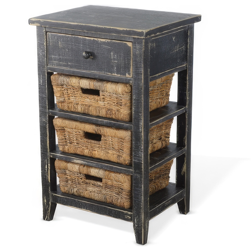 Rena End Table- 3 Natural Rattan Storage Baskets- 20 Inch Black Wood